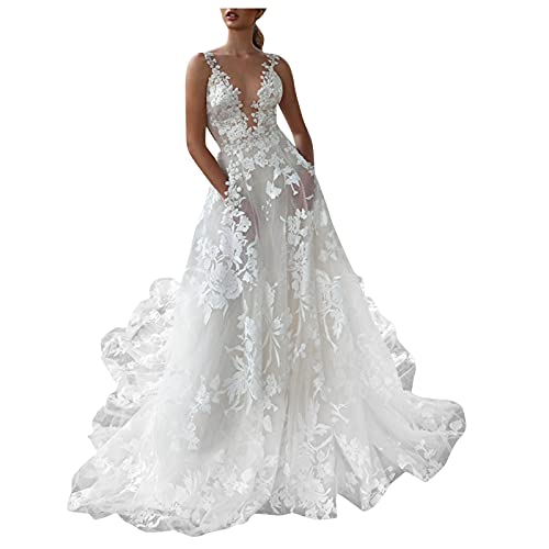 Lazzboy Brautkleider Damen Hochzeitskleider Spitze Strand Brautmode A-Linie Tüll Brautkleid Standesamt Lang Glitzer V-Ausschnitt Trauung Kleid Ärmellos Abendkleider (Weiß,XL) von Lazzboy