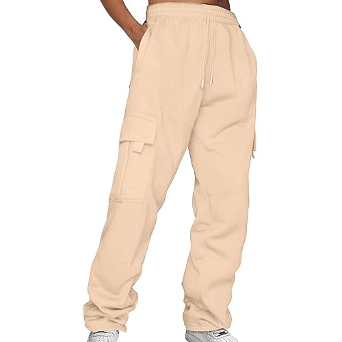 Lazzboy Cargohose Damen Baggy Einfarbig Weite Hose Hip Hop Jogginghose Streetwear Freizeithose Mit Gummizug Oversized Vintage Weites Bein Sweathose Cargo Lange Hosen (Beige,5XL) von Lazzboy