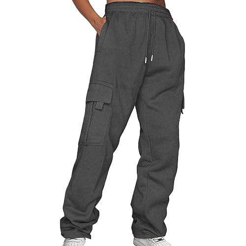 Lazzboy Cargohose Damen Baggy Einfarbig Weite Hose Hip Hop Jogginghose Streetwear Freizeithose Mit Gummizug Oversized Vintage Weites Bein Sweathose Cargo Lange Hosen (Dunkelgrau,L) von Lazzboy