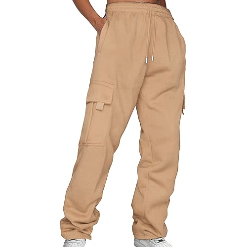 Lazzboy Cargohose Damen Baggy Einfarbig Weite Hose Hip Hop Jogginghose Streetwear Freizeithose Mit Gummizug Oversized Vintage Weites Bein Sweathose Cargo Lange Hosen (Khaki,XXL) von Lazzboy