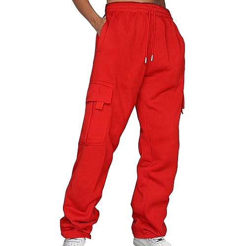 Lazzboy Cargohose Damen Baggy Einfarbig Weite Hose Hip Hop Jogginghose Streetwear Freizeithose Mit Gummizug Oversized Vintage Weites Bein Sweathose Cargo Lange Hosen (Rot,XXL) von Lazzboy