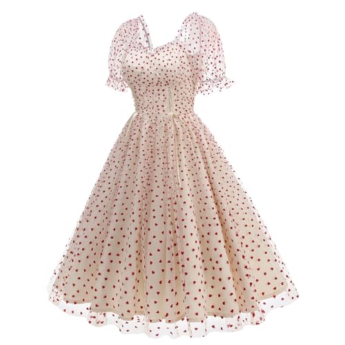 Lazzboy Cocktailkleider Für Damen Kurzarm Festlich Kleid Hochzeitsgast Prinzessin Mit Herz-Druck Figurbetontes Abendkleid Vintage Elegant Taille Freizeitkleider Abschlussball (Beige,L) von Lazzboy