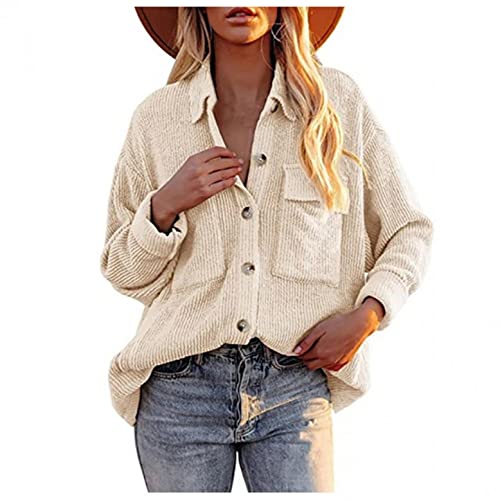 Lazzboy Cordjacke Damen Einfarbige Jacke Mit Tasche Langarm Button Down Hemd Kragenjacke Vintage Herbst Cordhemd Oversize Locker Teenager Windbreaker Knopf Outwear Mantel (Beige,3XL) von Lazzboy