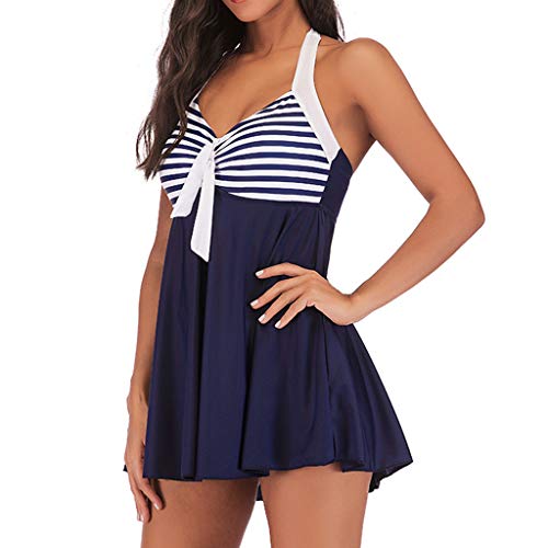 Lazzboy Damen Badeanzug Bauchweg Tankini Größe Bademode Mit Badekleid Schwimmkleid Frauen Plus Size Gestreifte Beachwear Gepolsterte Badebekleidung(Dunkelblau,2XL) von Lazzboy