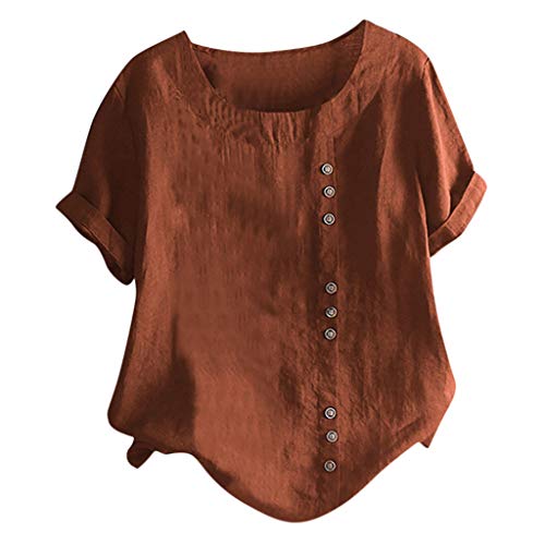 Lazzboy Damen Casual Loose Button Plus Size Täglich Boho Tanic T-Shirt Bluse Tops Sommer Einfarbig Kurzarm Tunika Blusen Leicht Asymmetrisch Shirt(Braun,2XL) von Lazzboy