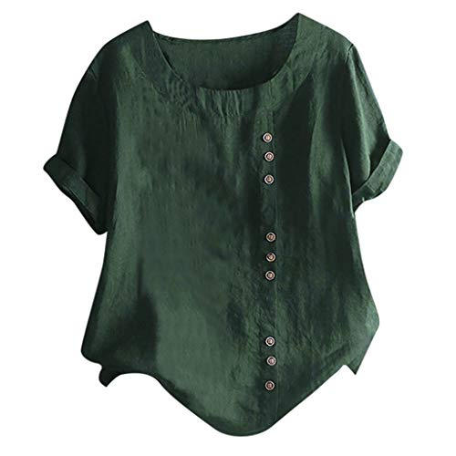 Lazzboy Damen Casual Loose Button Plus Size Täglich Boho Tanic T-Shirt Bluse Tops Sommer Einfarbig Kurzarm Tunika Blusen Leicht Asymmetrisch Shirt(Grün,5XL) von Lazzboy