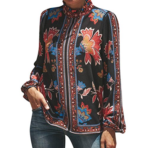 Lazzboy Damen Hippie Bluse Langarm Boho Ethno Puff Sleeves Tops Knopf Stand Collar Stehkragen Chiffon Shirt(44(XL),Mehrfarbig) von Lazzboy