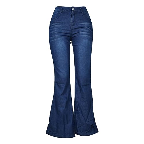 Lazzboy Damen Jeans Mit Hohem Bund Elastischem Bein Und Weitem Hose Taschen High Waist Jeanshose Hüftheben Denim Straight Jeanshosen Weich Pants Freizeithose Locker Lang (Blau,4XL) von Lazzboy