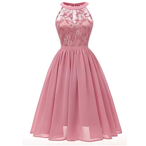 Lazzboy Damen Kleid Sommer Elegant Kleider Spitzenkleid Knielang Festlich Hochzeit Partykleid Rockabilly Retro Cocktailkleid Sommerkleid Ärmellos Großes Lose Langes Dress (S-Rosa,XL) von Lazzboy