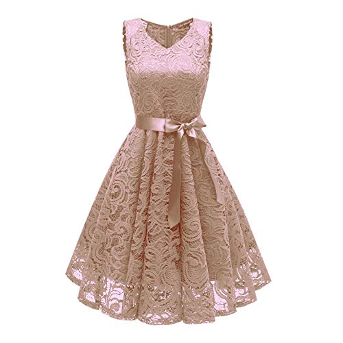 Lazzboy Damen Kleid Sommer Elegant Kleider Spitzenkleid Knielang Festlich Hochzeit Partykleid Rockabilly Retro Cocktailkleid Sommerkleid Ärmellos Großes Lose Langes Dress (T-Khaki,2XL) von Lazzboy