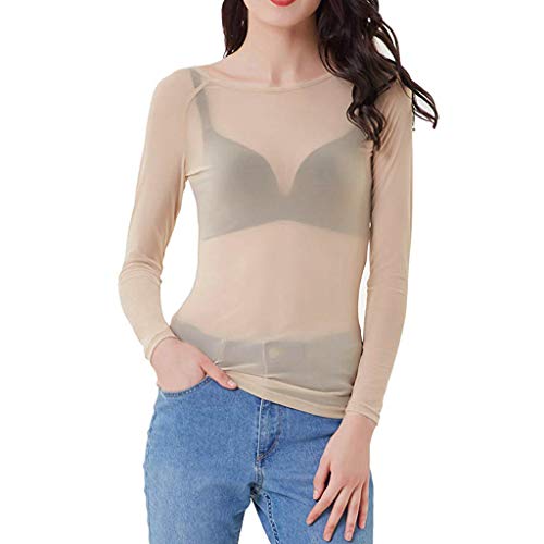 Lazzboy Damen Langarm Pullover, Frauen Langarm Shirt Transparent Tüll Mesh Bluse Body T-Shirt Tunika Tops Schwarz(Khaki,M) von Lazzboy