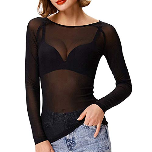 Lazzboy Damen Langarm Pullover, Frauen Langarm Shirt Transparent Tüll Mesh Bluse Body T-Shirt Tunika Tops Schwarz(Schwarz,2XL) von Lazzboy