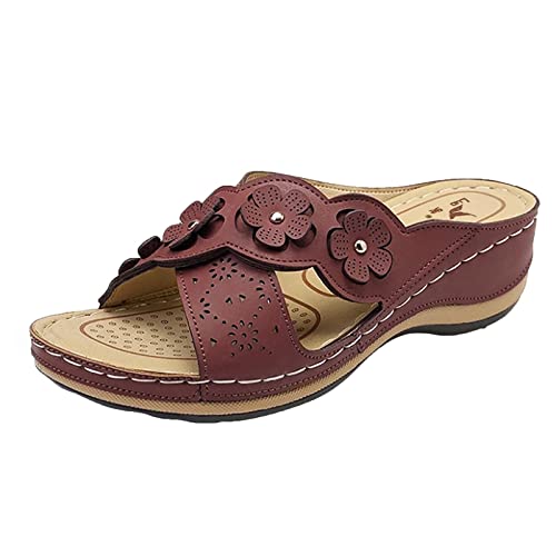 Lazzboy Damen Slippers Blumen Keilabsatz Outdoor Hausschuhe Freizeitschuhe Sandalen Sandaletten Mit Plateau Schuhe Sommer Pantoletten Strand Orthopädische Fussbett Slipper Slides (Braun,36) von Lazzboy