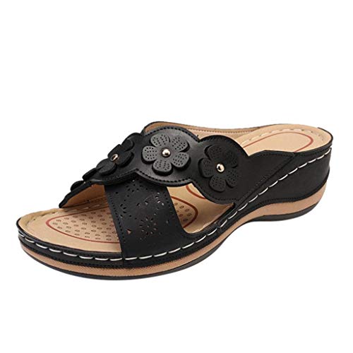 Lazzboy Damen Slippers Blumen Keilabsatz Outdoor Hausschuhe Freizeitschuhe Sandalen Sandaletten Mit Plateau Schuhe Sommer Pantoletten Strand Orthopädische Fussbett Slipper Slides (Schwarz,36) von Lazzboy