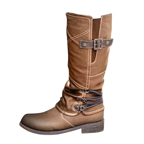 Lazzboy Damen Stiefel Mit Niedrigem Absatz Und Mittlerer Wade Wanderschuhe Damen-Arbeitsschuhe Warme Vintage Winter Reißverschluss Mondstiefel Vintage-Stil Weihnachten Hohe Schuhe (Khaki,38) von Lazzboy