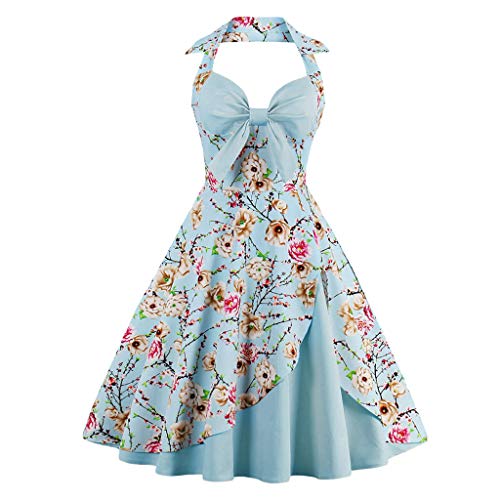 Lazzboy Damen Vintage Polka Neckholder Kleid Floral Sping Retro Cocktailkleid Rockabilly 50er Petticoat Faltenrock 1950er Kleider Cocktail Festliche(Hellblau-Blume,L) von Lazzboy