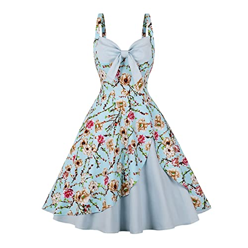 Lazzboy Damen Vintage Polka Neckholder Kleid Floral Sping Retro Cocktailkleid Rockabilly 50er Petticoat Faltenrock 1950er Kleider Cocktail Festliche(Hellblau-Blume,L) von Lazzboy