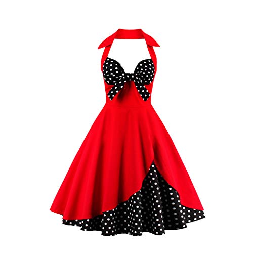 Lazzboy Damen Vintage Polka Neckholder Kleid Floral Sping Retro Cocktailkleid Rockabilly 50er Petticoat Faltenrock 1950er Kleider Cocktail Festliche(Rot,3XL) von Lazzboy