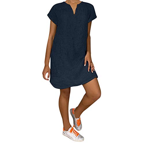 Lazzboy Damenmode Lose Freizeit V-kragen Kurzarm Damen Leinenkleid Sommer V-ausschnitt Kleid Boho Sommerkleid Leinen Kleider Strandkleider A-linie(Marine,L) von Lazzboy