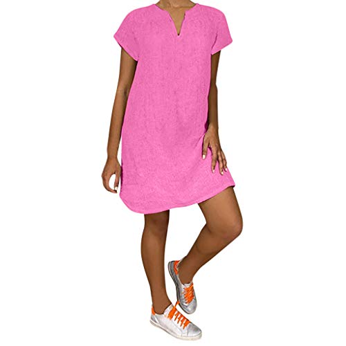 Lazzboy Damenmode Lose Freizeit V-Kragen Kurzarm Damen Leinenkleid Sommer V-Ausschnitt Kleid Boho Sommerkleid Leinen Kleider Strandkleider A-Linie(Rosa,M) von Lazzboy