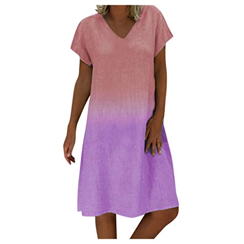 Lazzboy Damenmode Lose Freizeit V-Kragen Kurzarm Damen Leinenkleid Sommer V-Ausschnitt Kleid Boho Sommerkleid Leinen Kleider Strandkleider A-Linie(S-Mehrfarbig,5XL) von Lazzboy