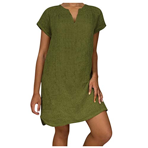 Lazzboy Damenmode Lose Freizeit V-Kragen Kurzarm Damen Leinenkleid Sommer V-Ausschnitt Kleid Boho Sommerkleid Leinen Kleider Strandkleider A-Linie(T-Armeegrün,L) von Lazzboy