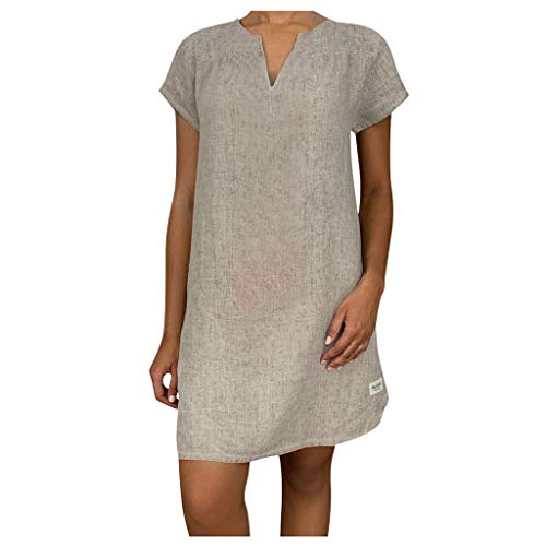 Lazzboy Damenmode Lose Freizeit V-Kragen Kurzarm Damen Leinenkleid Sommer V-Ausschnitt Kleid Boho Sommerkleid Leinen Kleider Strandkleider A-Linie(T-Khaki,L) von Lazzboy