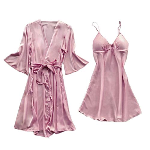 Lazzboy Dessous Frauen Silk Lace Babydoll Nachtwäsche Nachthemd Pyjamas Set Kimono Damen Morgenmantel Satin Bademantel Seide Roben V Ausschnitt Mit Blumenspitze (Td-Rosa,XL) von Lazzboy