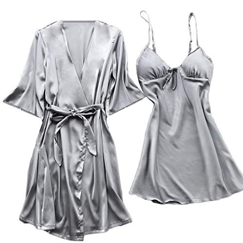 Lazzboy Dessous Frauen Silk Lace Babydoll Nachtwäsche Nachthemd Pyjamas Set Kimono Damen Morgenmantel Satin Bademantel Seide Roben V Ausschnitt Mit Blumenspitze (Te-Silber,S) von Lazzboy