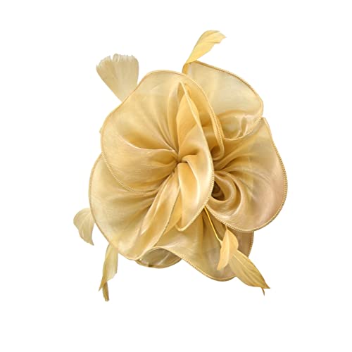 Lazzboy Fascinator Damen Faschingshut Karneval Kostüm Tea Party Kopfbedeckung Bänder Haarband Hut Feder Blumen Haarschmuck Brautschmuck Haar Clip Für Cocktail Hochzeit Festival (Gold) von Lazzboy