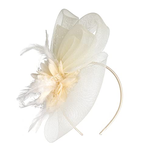 Lazzboy Fascinator Damen Feder Kopfschmuck Hut Blume Mesh Federn Stirnband Tea Party Haar Kirche Hochzeit Cocktail Faschingshüte Vintage Haarschmuck Haarreif Karneval Accessoires (Beige) von Lazzboy