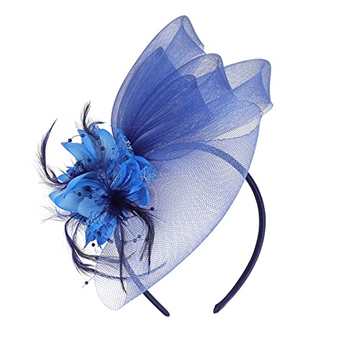 Lazzboy Fascinator Damen Feder Kopfschmuck Hut Blume Mesh Federn Stirnband Tea Party Haar Kirche Hochzeit Cocktail Faschingshüte Vintage Haarschmuck Haarreif Karneval Accessoires (Blau) von Lazzboy