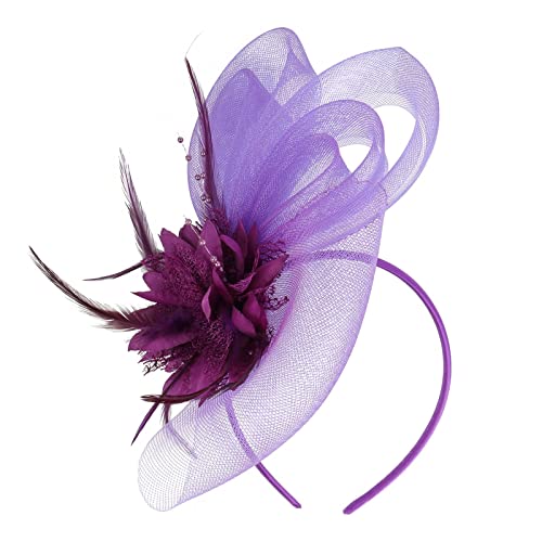 Lazzboy Fascinator Damen Feder Kopfschmuck Hut Blume Mesh Federn Stirnband Tea Party Haar Kirche Hochzeit Cocktail Faschingshüte Vintage Haarschmuck Haarreif Karneval Accessoires (Lila) von Lazzboy