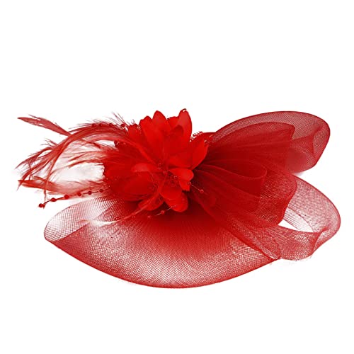 Lazzboy Fascinator Damen Feder Kopfschmuck Hut Blume Mesh Federn Stirnband Tea Party Haar Kirche Hochzeit Cocktail Faschingshüte Vintage Haarschmuck Haarreif Karneval Accessoires (Rot) von Lazzboy