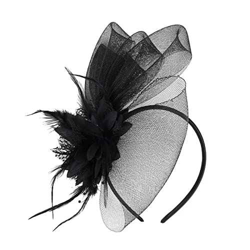 Lazzboy Fascinator Damen Feder Kopfschmuck Hut Blume Mesh Federn Stirnband Tea Party Haar Kirche Hochzeit Cocktail Faschingshüte Vintage Haarschmuck Haarreif Karneval Accessoires (Schwarz) von Lazzboy