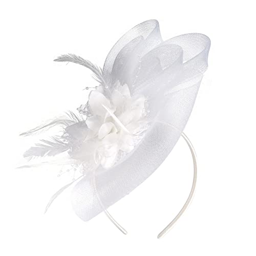 Lazzboy Fascinator Damen Feder Kopfschmuck Hut Blume Mesh Federn Stirnband Tea Party Haar Kirche Hochzeit Cocktail Faschingshüte Vintage Haarschmuck Haarreif Karneval Accessoires (Weiß) von Lazzboy