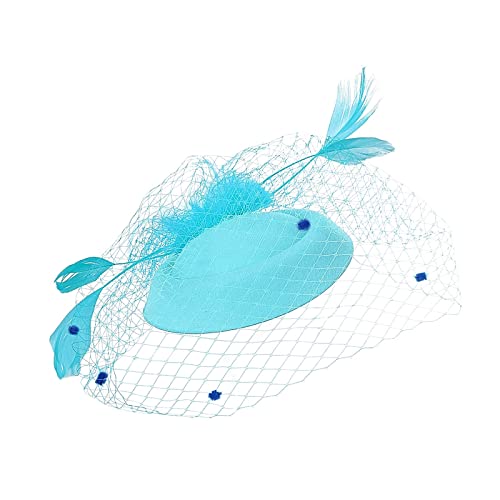 Lazzboy Fascinator Damen Hut Elegant Haarbänder Hochzeit Tea Party Hüte Mit Federn Schleier Stirnband Clip Cocktail Mesh Braut Kopfschmuck Kirche Haarschmuck Headwear (Himmelblau) von Lazzboy