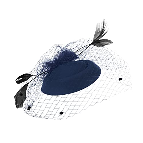 Lazzboy Fascinator Damen Hut Elegant Haarbänder Hochzeit Tea Party Hüte Mit Federn Schleier Stirnband Clip Cocktail Mesh Braut Kopfschmuck Kirche Haarschmuck Headwear (Marine) von Lazzboy