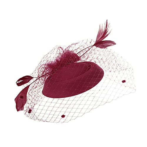 Lazzboy Fascinator Damen Hut Elegant Haarbänder Hochzeit Tea Party Hüte Mit Federn Schleier Stirnband Clip Cocktail Mesh Braut Kopfschmuck Kirche Haarschmuck Headwear (Rot) von Lazzboy