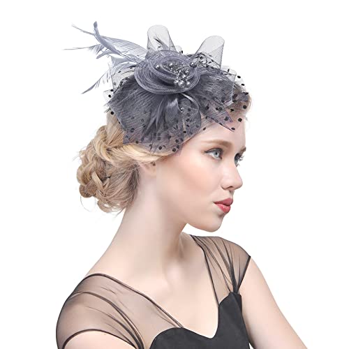 Lazzboy Fascinator Damen Karneval Feder Mesh Tea Party Stirnband Hut Blume Haar Clips Haarschmuck Mit Kirche Hochzeit Cocktail Haarklammer Schleier Jahre Kopfschmuck Kopfbedeckung (Grau) von Lazzboy