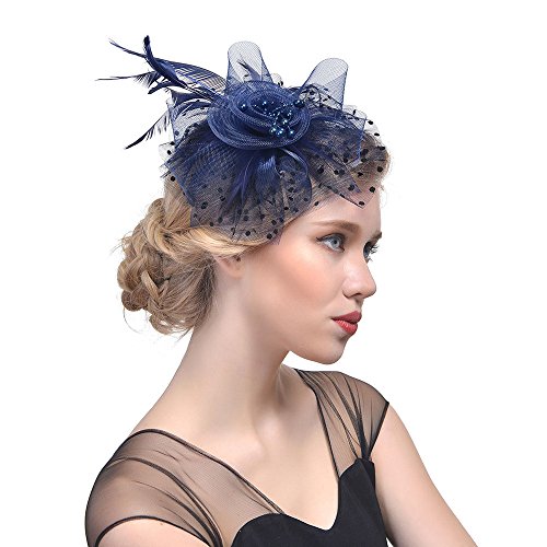 Lazzboy Fascinator Damen Karneval Feder Mesh Tea Party Stirnband Hut Blume Haar Clips Haarschmuck Mit Kirche Hochzeit Cocktail Haarklammer Schleier Jahre Kopfschmuck Kopfbedeckung (Marine) von Lazzboy