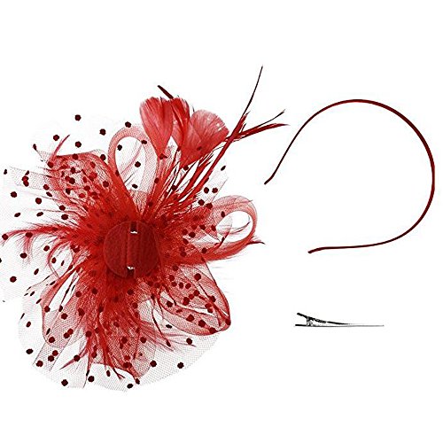 Lazzboy Fascinator Damen Karneval Feder Mesh Tea Party Stirnband Hut Blume Haar Clips Haarschmuck Mit Kirche Hochzeit Cocktail Haarklammer Schleier Jahre Kopfschmuck Kopfbedeckung (Rot) von Lazzboy