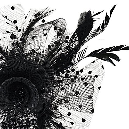 Lazzboy Fascinator Damen Karneval Feder Mesh Tea Party Stirnband Hut Blume Haar Clips Haarschmuck Mit Kirche Hochzeit Cocktail Haarklammer Schleier Jahre Kopfschmuck Kopfbedeckung (Schwarz) von Lazzboy