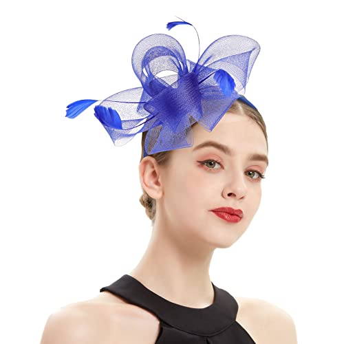 Lazzboy Fascinator Damen Karneval Hut Blume Mesh Bänder Federn Auf Einem Stirnband Und Geteilten Clip Kopfschmuck Haarschmuck Für Party Kirche Hochzeit Cocktail Club Braut (Himmelblau) von Lazzboy