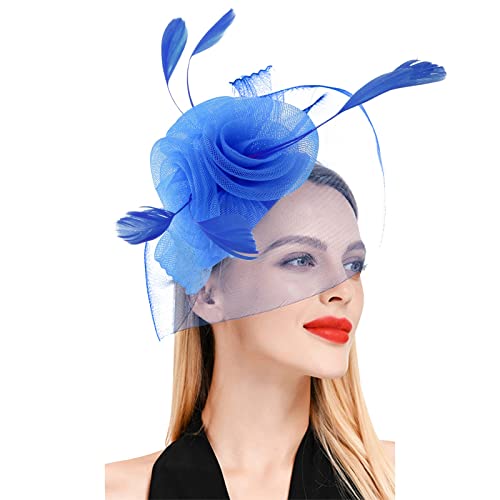 Lazzboy Fascinator Damen Schwarz Haarschmuck Kurze Haare Hut Haarbänder Blume Mesh Federn Clip Kopfschmuck Für Party Kirche Hochzeit Cocktail Jockey Club Karneval Kostüme (Blau) von Lazzboy