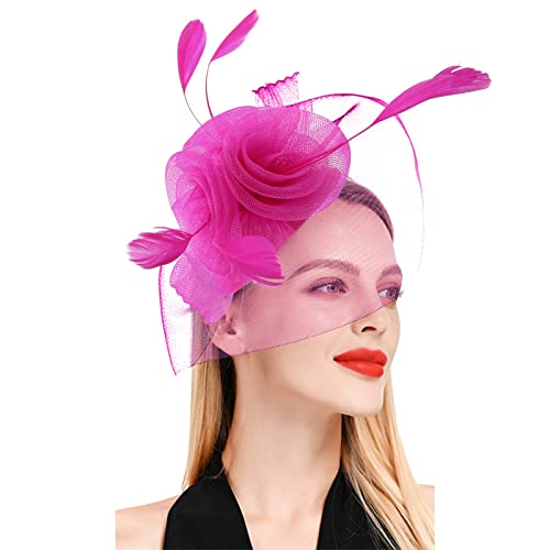 Lazzboy Fascinator Damen Schwarz Haarschmuck Kurze Haare Hut Haarbänder Blume Mesh Federn Clip Kopfschmuck Für Party Kirche Hochzeit Cocktail Jockey Club Karneval Kostüme (Hot Rosa) von Lazzboy