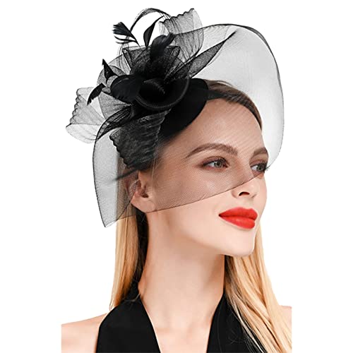 Lazzboy Fascinator Damen Schwarz Haarschmuck Kurze Haare Hut Haarbänder Blume Mesh Federn Clip Kopfschmuck Für Party Kirche Hochzeit Cocktail Jockey Club Karneval Kostüme (Schwarz) von Lazzboy