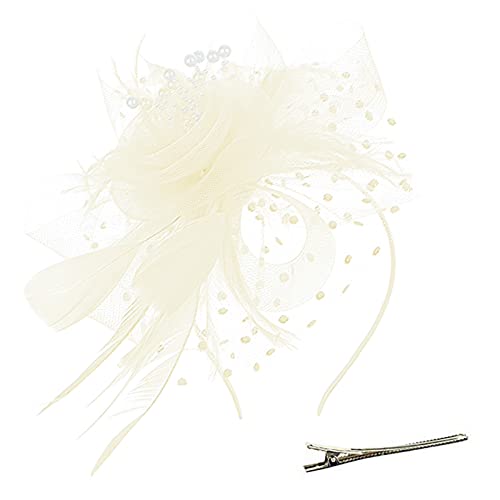 Lazzboy Fascinator Damen Schwarz Hut Blume Mesh Federn Stirnband Tea Party Clip Kopfbedeckung Haarschmuck Für Kirche Hochzeit Frauen Mädchen Haarschmuck Haarbänder (Beige) von Lazzboy