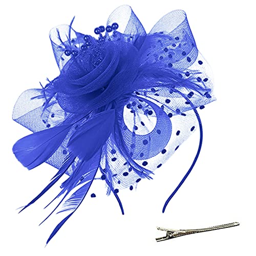 Lazzboy Fascinator Damen Schwarz Hut Blume Mesh Federn Stirnband Tea Party Clip Kopfbedeckung Haarschmuck Für Kirche Hochzeit Frauen Mädchen Haarschmuck Haarbänder (Blau) von Lazzboy