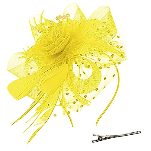 Lazzboy Fascinator Damen Schwarz Hut Blume Mesh Federn Stirnband Tea Party Clip Kopfbedeckung Haarschmuck Für Kirche Hochzeit Frauen Mädchen Haarschmuck Haarbänder (Gelb) von Lazzboy